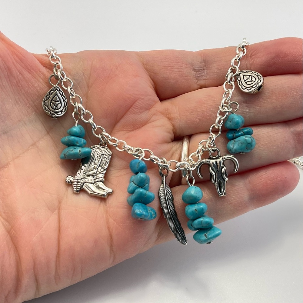 Western Multi Charm Necklace with Turquoise Howlite and Silver Plate, Cowgirl - Picture 6 of 7
